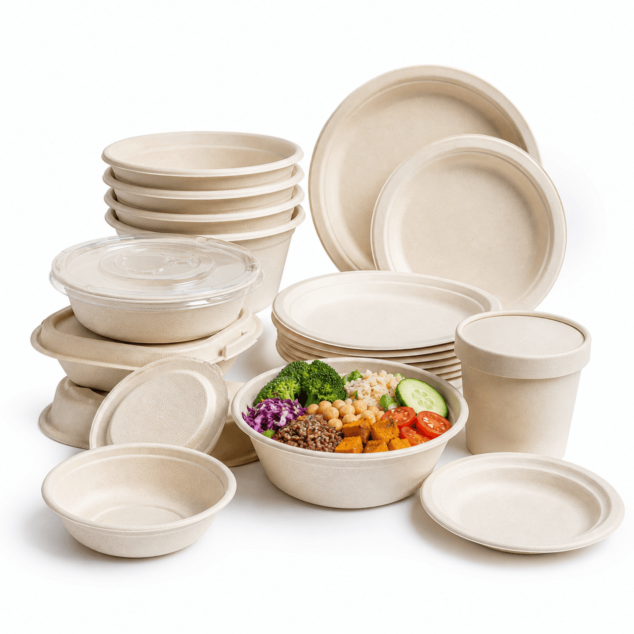 Bagasse bowls and plates for takeout meals