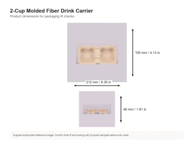 [300 ct] 2-Cup Molded Fiber Drink Carriers | 8-32 oz cups dimension guide