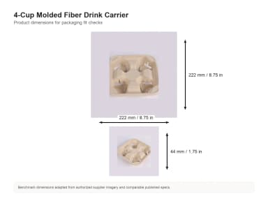 [300 ct] 4-Cup Molded Fiber Drink Carriers | 8-32 oz cups dimension guide