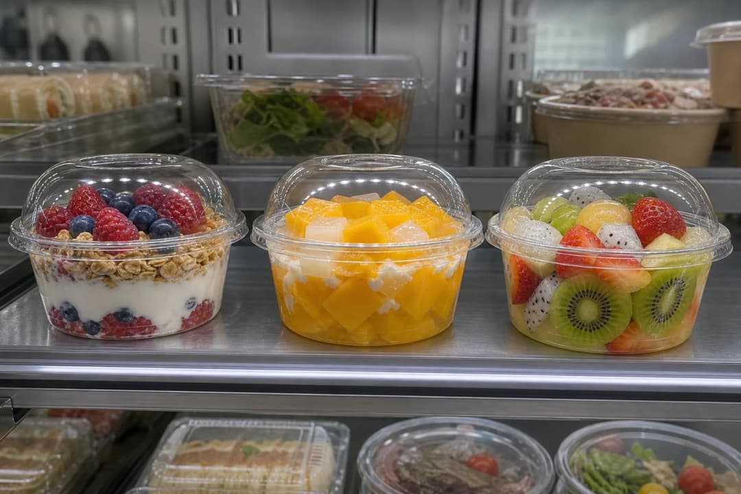Wide-mouth clear PET fruit cups on a refrigerated grab-and-go shelf