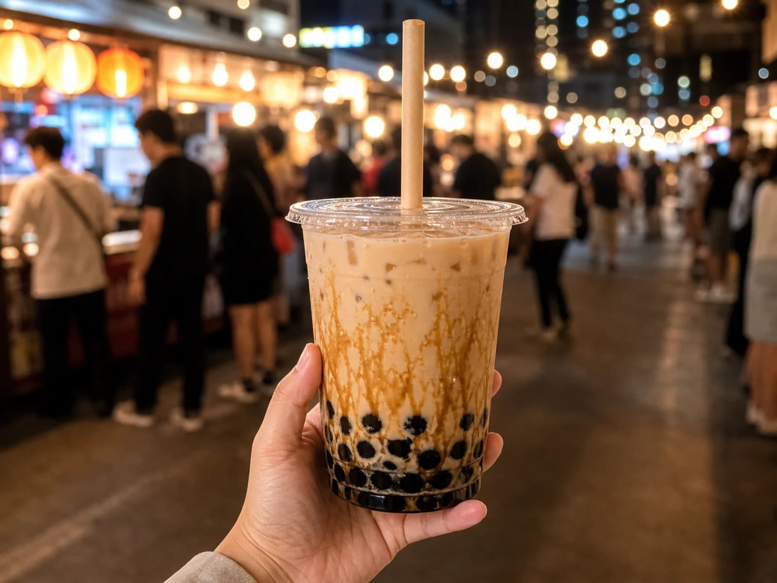 Handheld clear PET boba milk tea cup at a night market