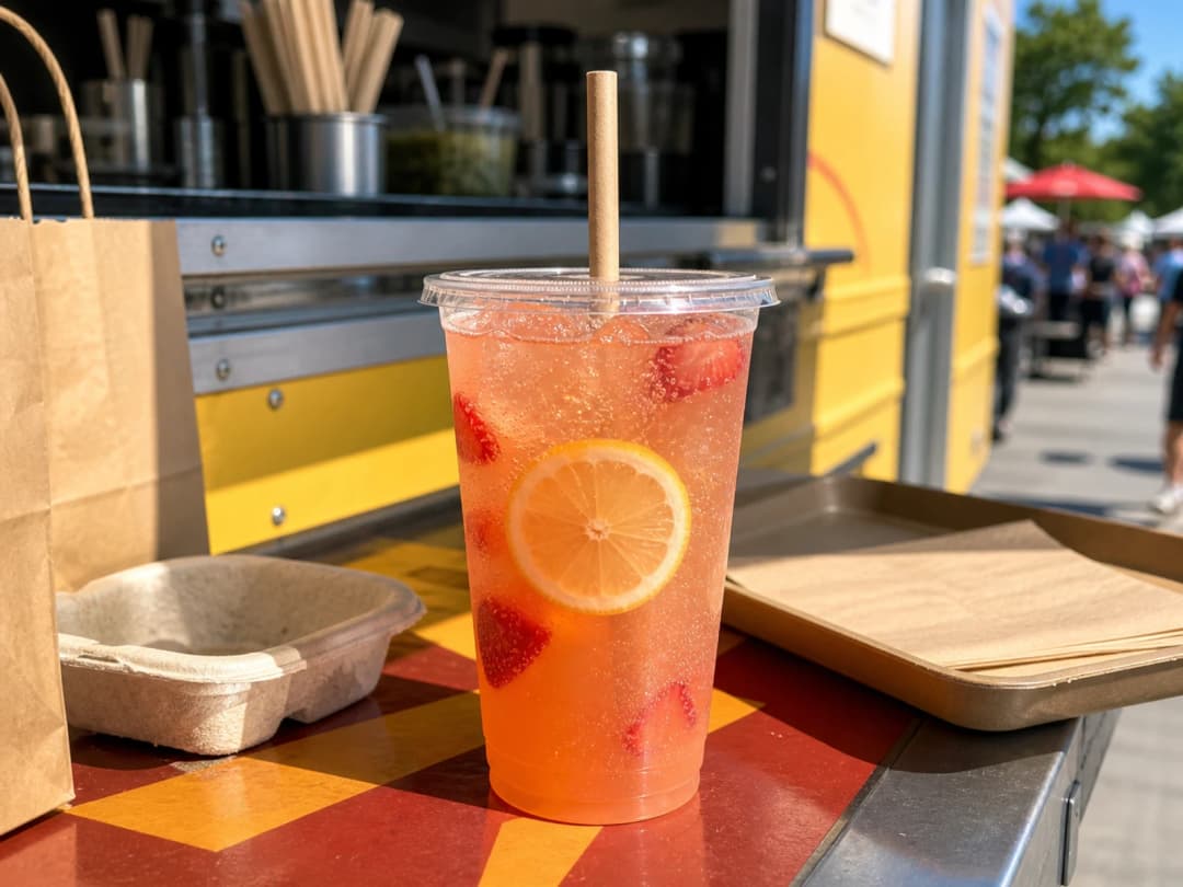 Large clear PET strawberry lemonade cup at a food truck counter