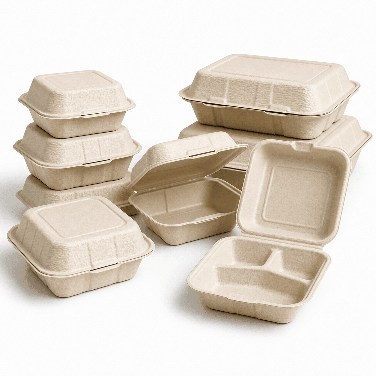 Takeout containers and bags for burger and fries orders
