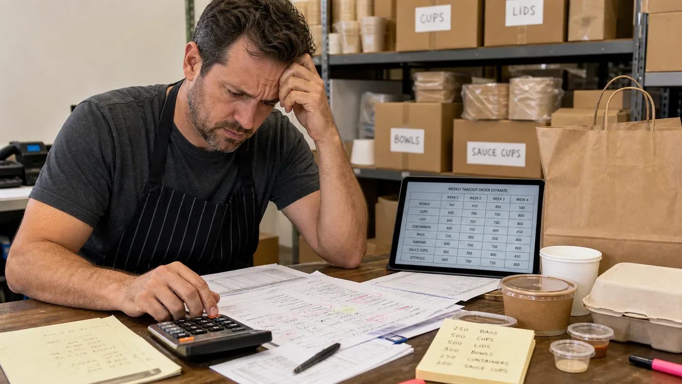 Restaurant owner using a calculator to plan takeout packaging order quantities in a stockroom