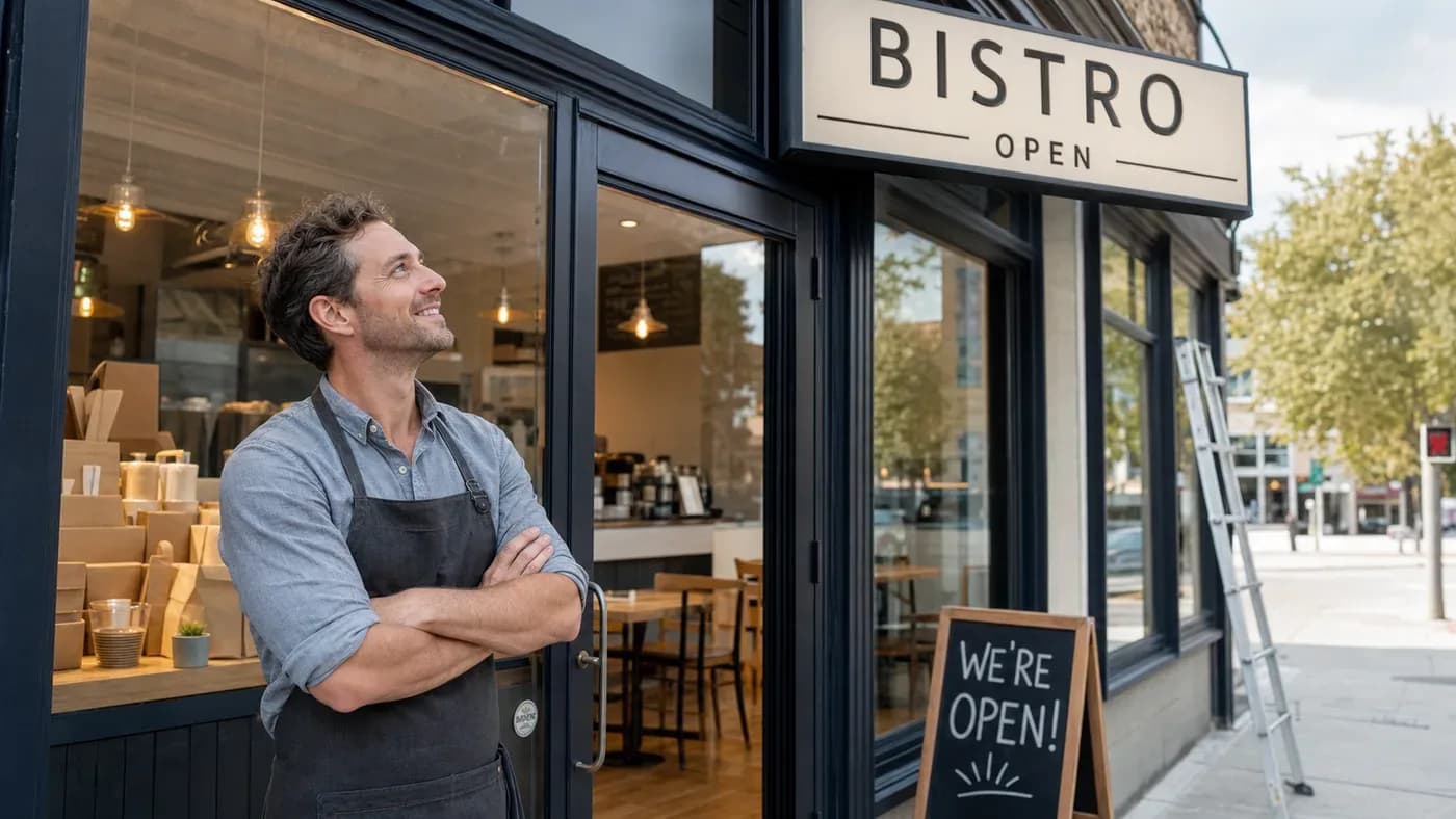 New restaurant owner smiling outside a storefront with a fresh open sign and packaging supplies inside