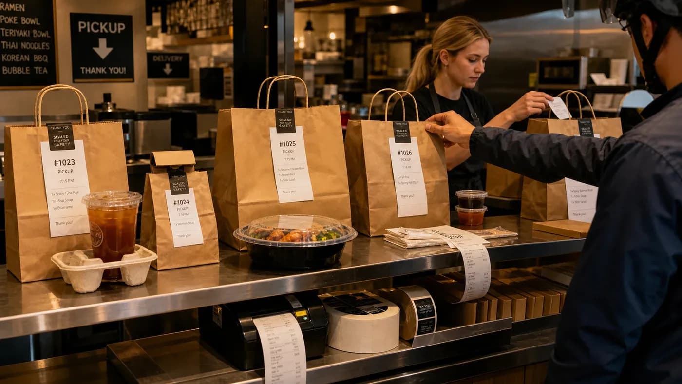 Blonde restaurant staff handing off labeled online takeout orders at a pickup counter