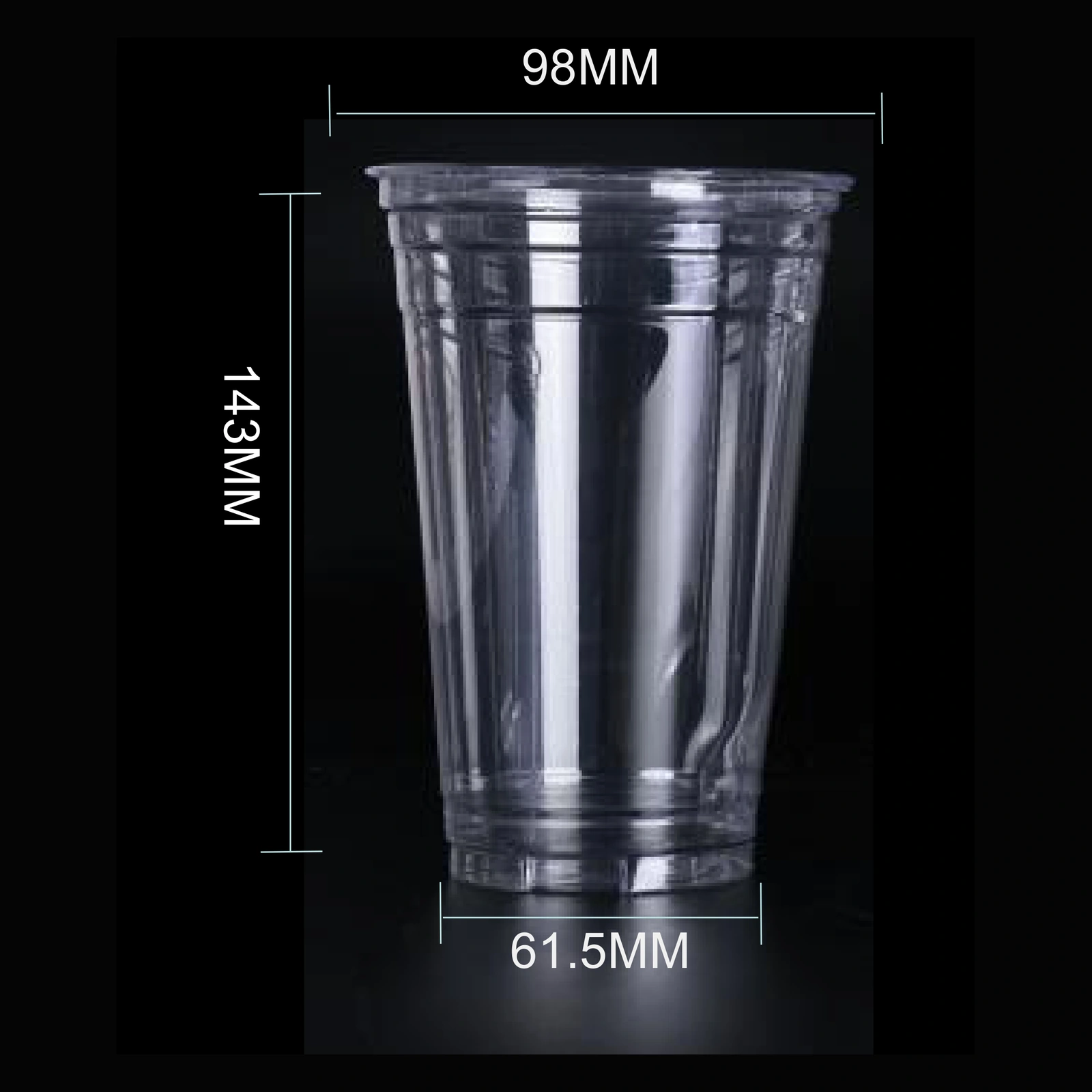 20 oz clear PET cold cup dimension image with 98 mm rim and 143 mm height