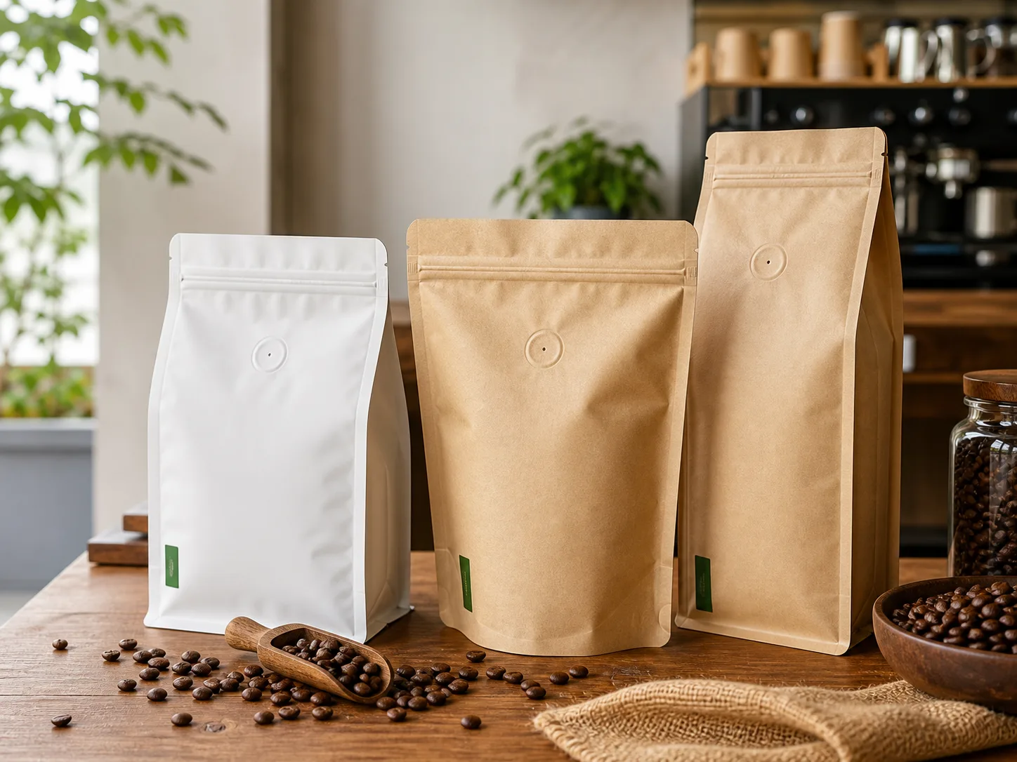 Unbranded kraft and white coffee bags with one-way valves on a cafe counter