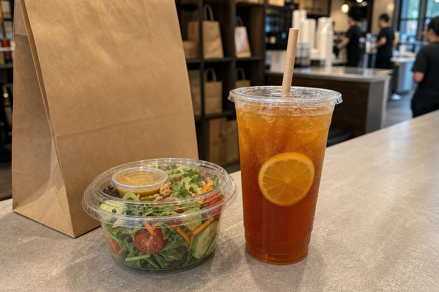 Cold drinks prepared for a restaurant takeout order